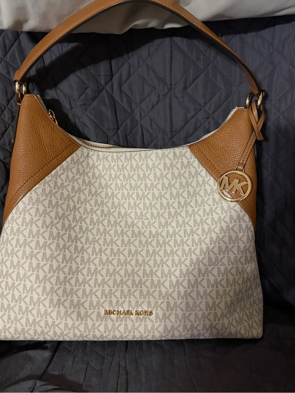 Michael Kors Cream MK Logo Hobo with Tan Leather Trim